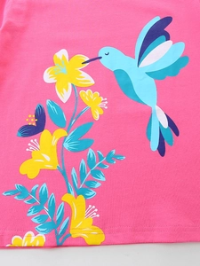 Pink cotton T-shirt for girls featuring a blue hummingbird and floral knit print