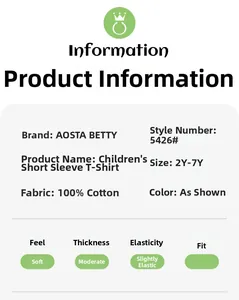 Detailed sizing chart and material specs for the 100% cotton kids' short sleeve t-shirt