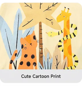 Close-up of soft cotton knit fabric with colorful cartoon animal print for boys