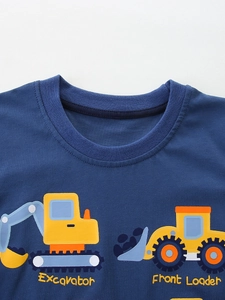 Dark blue boys cotton t-shirt featuring yellow excavator and loader prints with rib neck