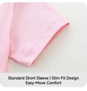 Detail of the sleeve hem with double stitching on pink cotton girl's t-shirt