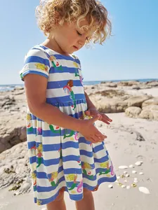 Mädchen Meerjungfrau Druck Kleid Baumwolle Blau Weiß Gestreift Sommer Kurzarm Prinzessin A-Linie Partykleid Für Kinder