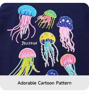 Close-up of colorful cartoon jellyfish prints and text on navy blue cotton summer t-shirt