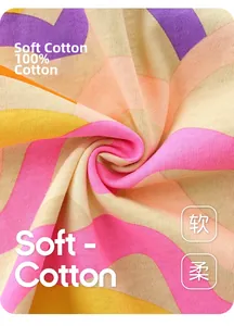 Close-up of soft 100% cotton fabric with colorful wavy print for girls' dress