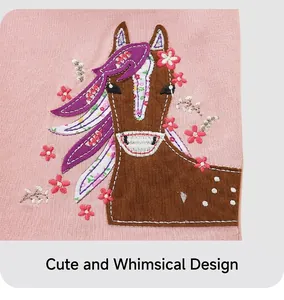 Detailed embroidery of a colorful horse on pink cotton fabric with sequins and floral patterns
