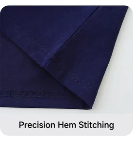 Detailed close-up of double-needle stitching on the dark blue knit t-shirt hemline