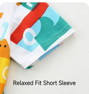 Detail of multi-color printed sleeve on a kids cotton T-shirt with durable double stitching