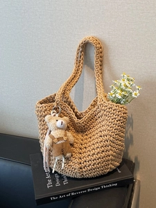 Women Knitted Woven Shoulder Bag Handmade Cotton Rope Tote Bucket Bag With Plush Bear Pendant Casual Hobo Bag Bohemian Bag