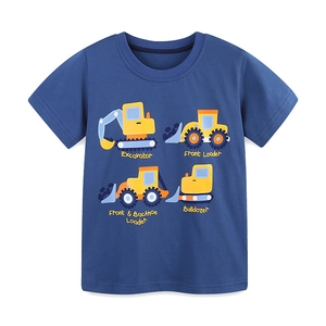 Boys short sleeve cotton t-shirt featuring navy blue fabric and yellow truck prints