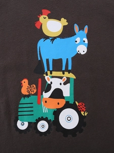 T-shirt en coton marron foncé pour garçons avec imprimé tracteur et animaux de la ferme