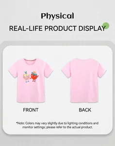 Front and back view of girls pink short-sleeved cotton T-shirt with cute fruit prints