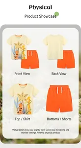 Detail view of boy's cotton set with giraffe print T-shirt and orange drawstring shorts