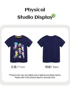 Front and back view of dark blue cotton kids t-shirt with colorful jellyfish print