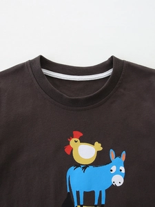 T-shirt marron en coton pour garçon avec imprimé de dessin animé coq et âne coloré