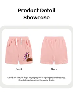 Detailed front and back view of girls' light pink cotton shorts with floral horse print