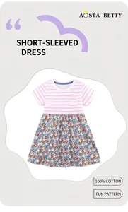 Detail of 100% cotton girls dress with striped knit top and floral print skirt