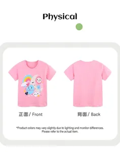Vorder- und Rückansicht des Mädchen-T-Shirts in Rosa mit Cartoon-Weltraum-Print aus Baumwolle