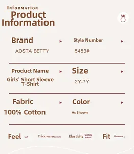 Guide des tailles pour t-shirt fille en coton avec détails du tissu 100 pour cent coton