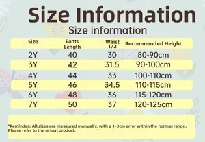 Detailed size chart for children's summer sets showing measurements from 2Y to 7Y sizes