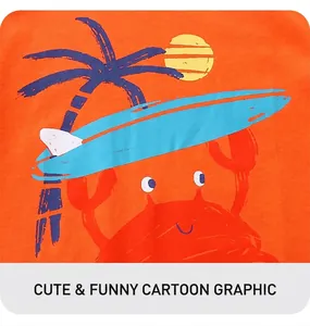 Close-up of bright orange t-shirt with a cartoon crab and tropical surfing print