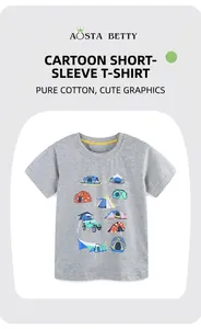 Detailed view of kids' grey cotton T-shirt featuring colorful cartoon camping car prints
