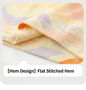 Detail of soft yellow rainbow knit fabric with smooth double-needle stitching on the hemline