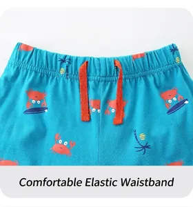 Detail view of boys' elastic waistband with orange drawstring and beach crab print