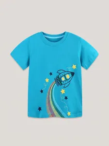 T-Shirt à Manches Courtes d'Été pour Garçons 100% Coton Col Rond Avec Imprimé Graphique de Fusée de Dessin Animé pour Enfants