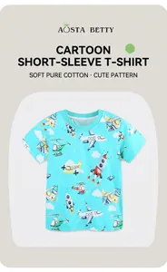Detailed view of sky blue cotton kids T-shirt with airplane and rocket cartoon prints