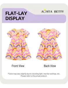 Front and back view of girls' cotton dress featuring colorful wave prints and wood buttons
