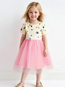 Vestito da Principessa Estivo a Pois in Mesh per Bambine Vestito Tutu in Cotone a Maniche Corte per Feste