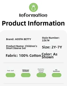 Size chart and fabric details for 100% cotton boys short sleeve summer clothing set
