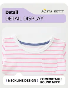 Detailed close-up of comfortable crew neck and pink striped knit cotton fabric for kids