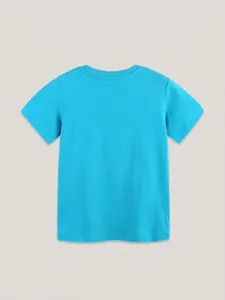 T-shirt bleu classique à manches courtes en coton pour garçon avec col rond vue à plat