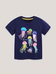 Girls Cotton Jellyfish Print T-Shirt Summer Short Sleeve Round Neck Top Casual European Style Comfortable Kids Clothing