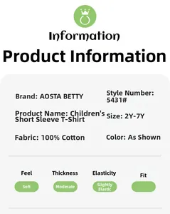 Detailed size chart and specifications for children's 100% cotton printed short sleeve T-shirt