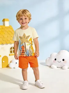 Boys Summer Cotton Clothing Outfit Cartoon Giraffe Leopard Print Short Sleeve T-Shirt And Bright Orange Shorts Matching Sport Suit