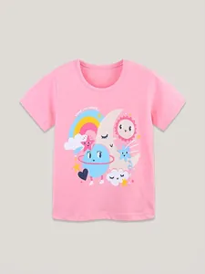 Mädchen Baumwolle T-Shirt Sommer Kurzarm Rundhals Cartoon Himmelsdruck Lässig Rosa Oberteil Für Kleinkinder
