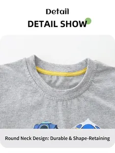 Detail of gray cotton t-shirt collar with reinforced stitching and yellow inner lining