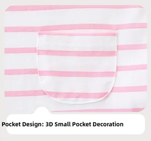 Detail of pink striped cotton dress with a 3D small pocket design and fine stitching