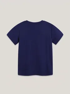 Girls dark blue cotton T-shirt with jellyfish print back view on grey background