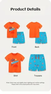 Detail view of boy's summer knit cotton set with orange crab tee and blue shorts