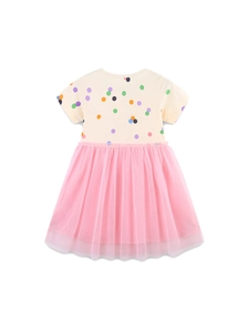 Abito in tulle per bambina a maniche corte con pois colorati e gonna in rete rosa