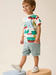 Boys Cotton Short Sleeve T-Shirt Cartoon Ocean Whale Boat Print Round Neck Summer Casual Kids Soft Breathable Top