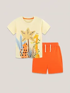 Toddler boy summer outfit with yellow cartoon giraffe t-shirt and orange drawstring shorts