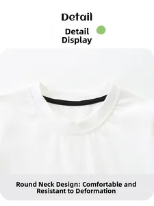 Close-up of white crew neck cotton t-shirt collar with reinforced black inner binding