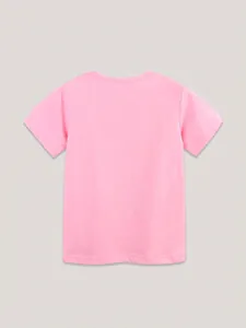 Rosa kurzärmeliges Mädchen-T-Shirt aus Baumwolle mit Rundhalsausschnitt in Flachansicht