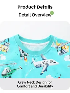 Detail showing the comfortable round neckline and cartoon aircraft prints on cotton t-shirt