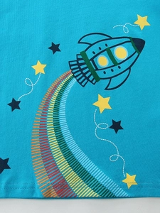 T-shirt pour garçons en coton bleu lac avec imprimé fusée de dessin animé