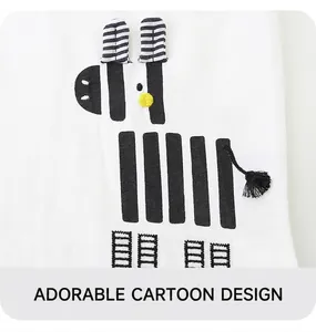 Close-up of cute cartoon zebra embroidery with 3D details on white cotton t-shirt